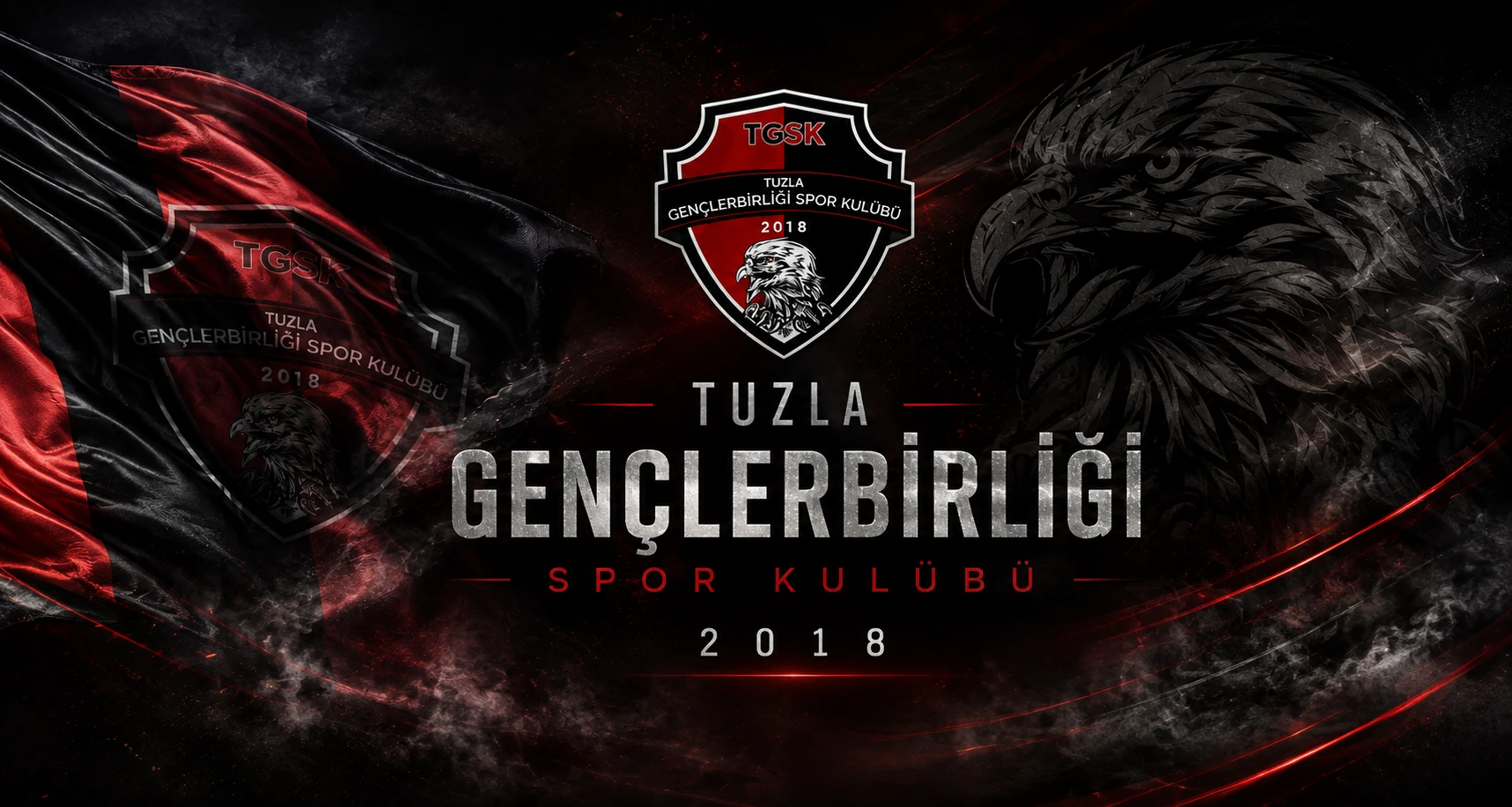 Tuzla Gençlerbirliği Spor Kulübü arması, kırmızı siyah bayrak ve kartal illüstrasyonunun yer aldığı kulüp afişi